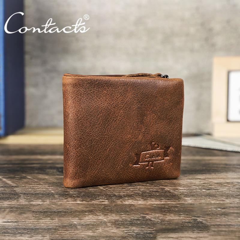 CONTACTS Genuine Leather Men‘s Wallet Short Purse For Men Coin Pocket Wallets Male Portmane