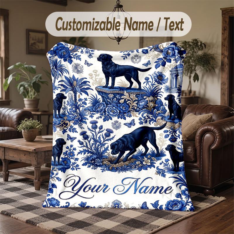 Blue Rose Elegance Theme Throw Blanket Custom Name Text Personalized Blanket Soft Cozy Blanket for Home Sofa Bed