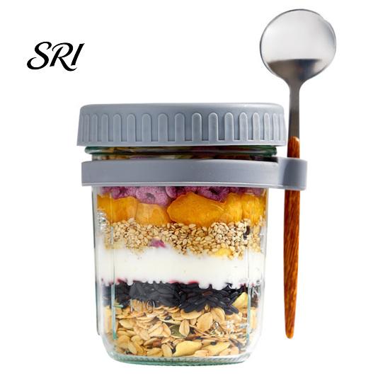 BPA-free Glass Food Container Overnight Oats Containers with Airtight Lid & Spoon 350ml Breakfast for Yogurt Clear Cereal Storage Jar Salad
