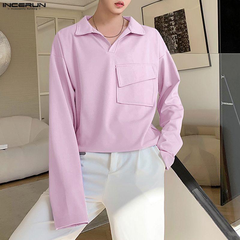 INCERUN Oversized Men Lapel Neck Long Sleeve Solid Loose Casual T-Shirts Tops
