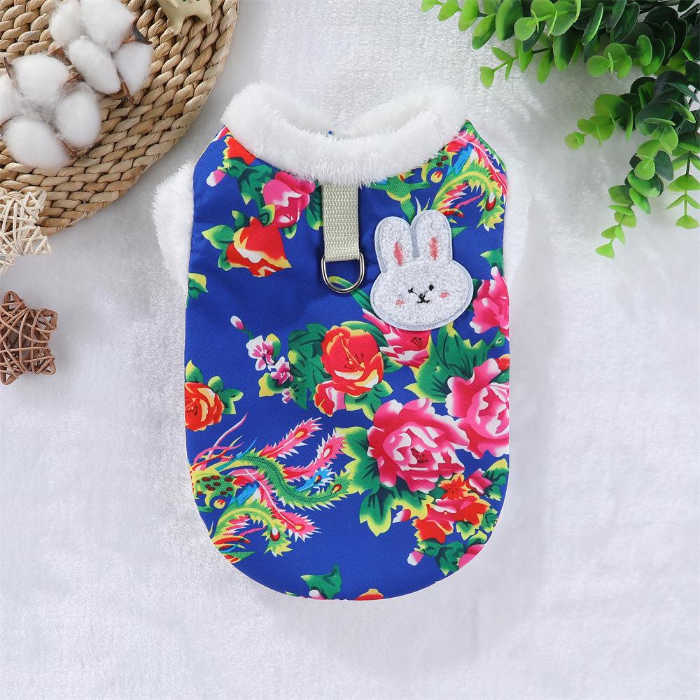 Dog Clothes Thickened In Autumn and Winter Go Out Pet Cat Festive New Year's Clothing Northeast Large Flower Jacket Small Medium and Large Dog