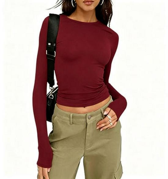 Autumn Long-Sleeve Slimming Pullover: Women's Round Neck Top