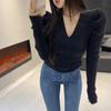 Autumn and Winter Temperament V-neck Bubble Sleeves Bottom Shirt Women's Slim Fit Knitted Shirt French Tight Waist Top