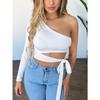 Women Lady Bandage Slim Tee Tops Long Sleeve One-shoulder Bow-tie Elastic Solid T Shirt Cold Shoulder Sexy Crop Top Club Street