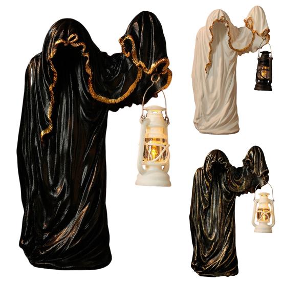 Ghost Wizard Figurine Halloween Ghost Statue with Light-up Lantern Vintage Gothic Ghost Sculpture for Indoor Mantel Cabinet Decoration