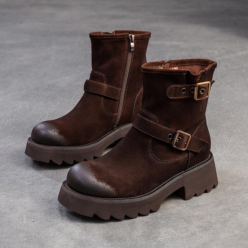 Fashion GKTINOO Genuine Leather Thick Heeled Thick Soled Short Boots Women 2025 Winter New Round Toe Retro Platform Shoes Ankle Boots