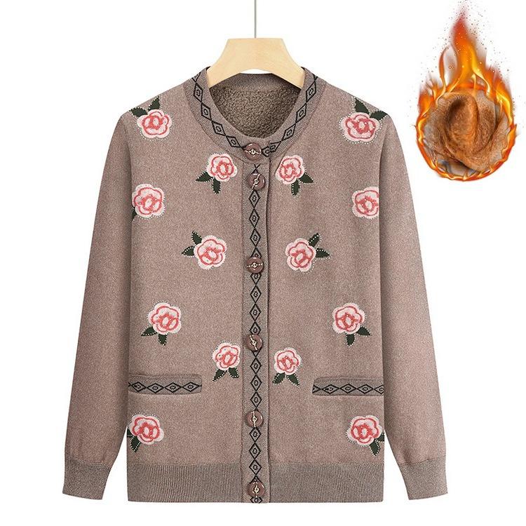 Mom Cardigan Top Female Grandma Round Neck Pattern Knitted Sweater Plus Velvet Thickened Autumn Clothes for Middle-aged and Elderly People