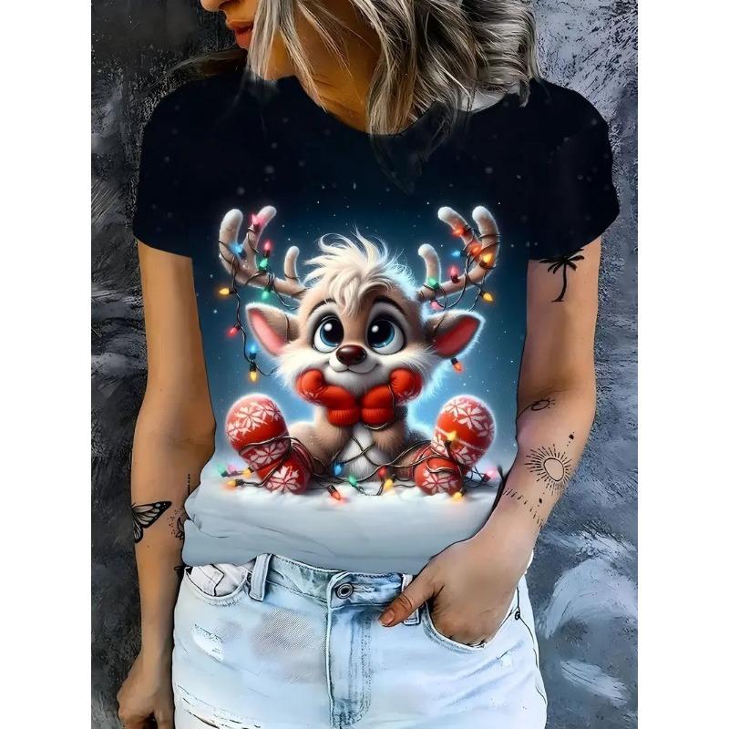 Christmas Gradient Reindeer 3D Print Pattern Women's T-shirt Fashion Christmas Party Round Neck Casual Holiday T-shirt Clothing