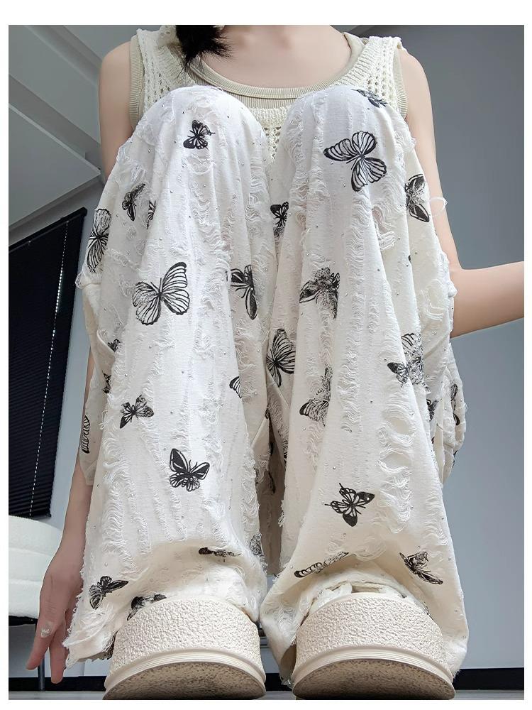 

2028 Women s Summer Petite Rhinestone Butterfly Print Ice Silk White Wide-Leg Pants 2XL (for 126-145 lbs)