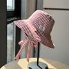 New Korean-style Striped Lace-up Fisherman Hat for Women, Summer Large Brim, UV Protection, Double-sided, Versatile Hiking Hat