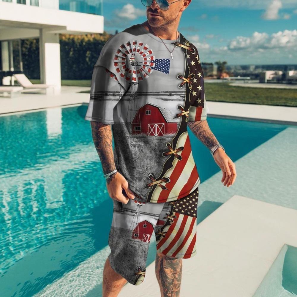 New Vintage Style Men's Beach Shorts Set 3D USA Flag Print Short Sleeve T-shirt+Shorts 2 Pcs Set Summer Oversized Tracksuit Suit
