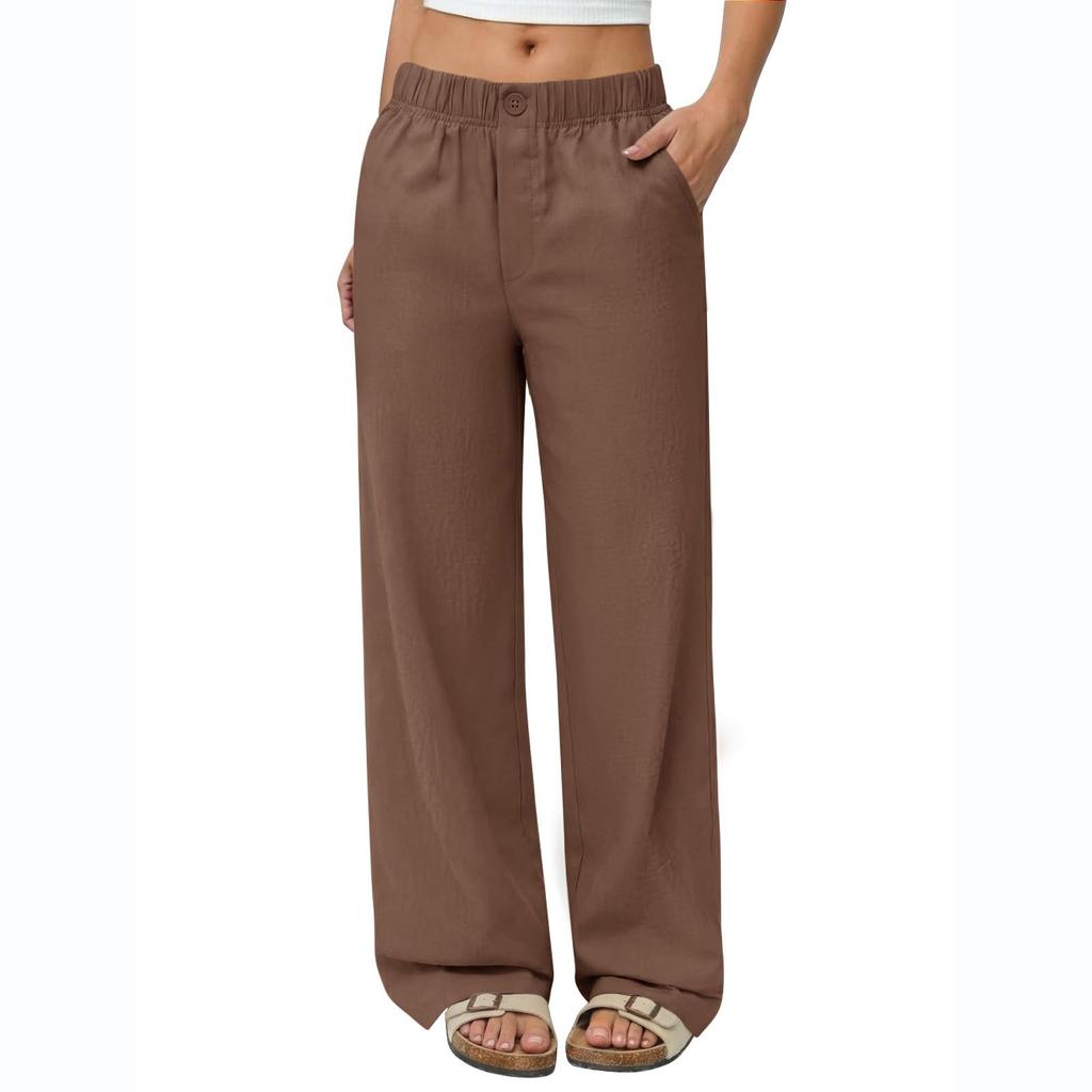 Women's Summer Casual Loose-Fit Flowy Linen Beach Pants With Pockets And Wide Legs