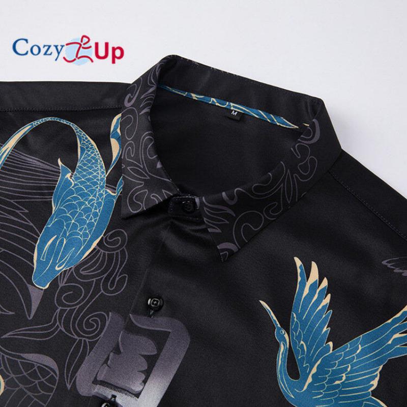 Cozy Up Men's Hipster Printed Slim Fit Long Sleeve Button Up Satin Dress Shirts