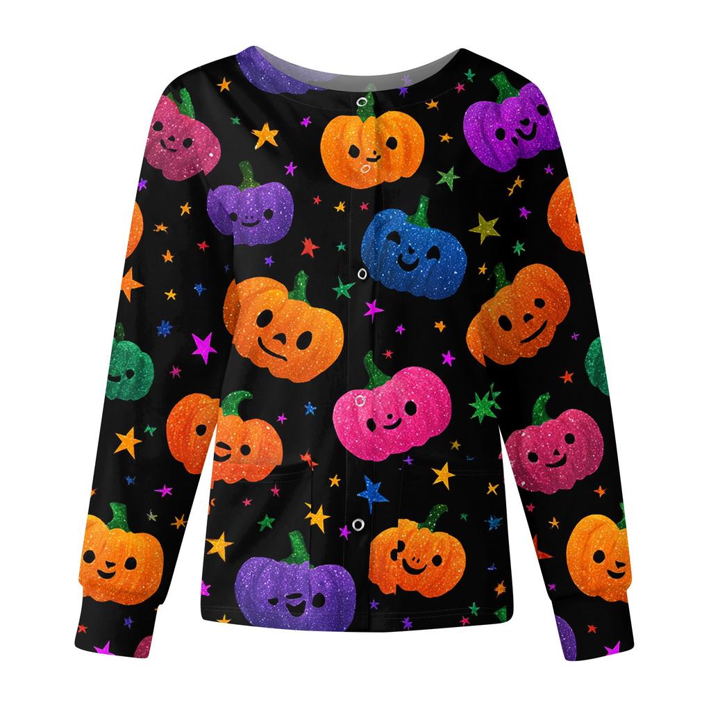 Women's Casual Fashion Long Sleeve Standing Collar Single Breasted Halloween Printed Workwear Jacket Tops