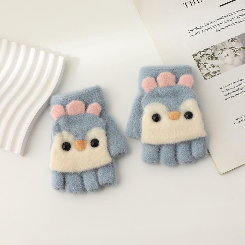 Half finger flip gloves children boys and girls cute cartoon plush warm and cold gloves children's gloves winter