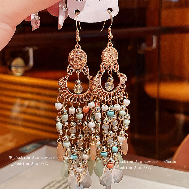 Round crystal rice beads fringed ear hooks Bohemian retro long earrings exquisite fashion new earrings