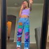 Trendy High-Waisted Loose Fit Printed Graffiti Women's Straight-Leg Jeans, Rainbow Denim Pants Loose Graffiti Printed