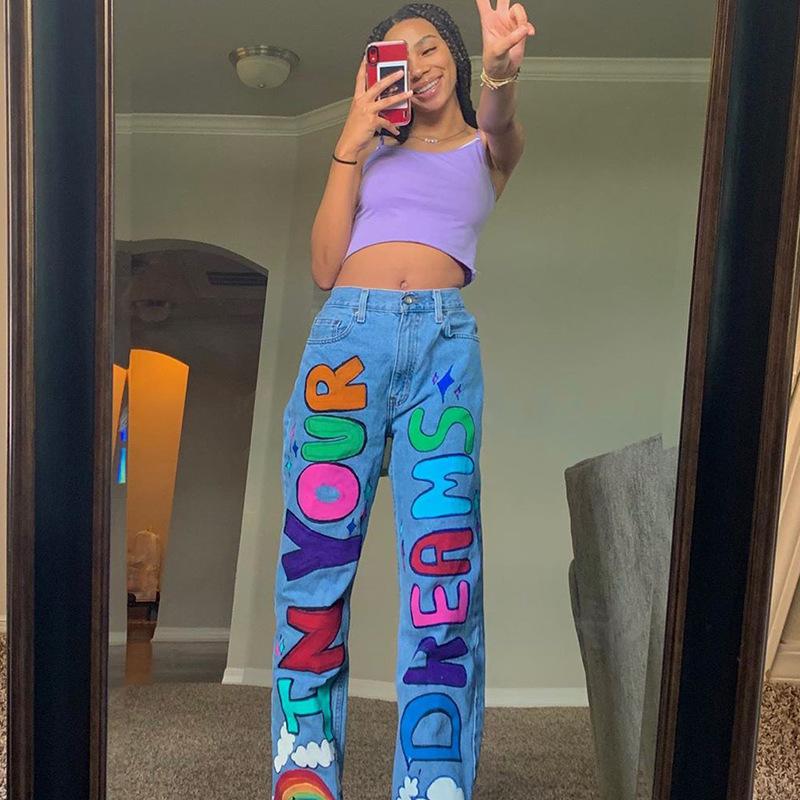 Trendy High-Waisted Loose Fit Printed Graffiti Women's Straight-Leg Jeans, Rainbow Denim Pants Loose Graffiti Printed