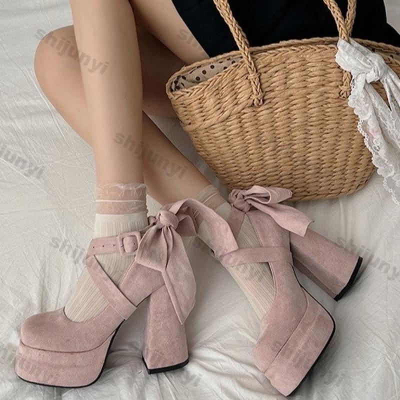 Fashion High Heels Pink Mary Jane Shoes for Women 2025 Spring New Fashion Chunky Platform Pumps Woman Non-slip Ankle Strap Party Shoes