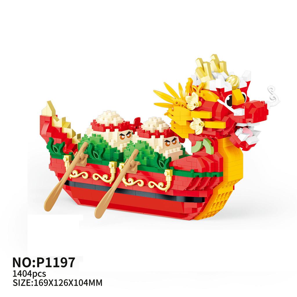 Creative China Dragon Red Headed Boat Micro Diamond Block Royal Ship Sailboat Building Brick Model Nanobrick Toys Collection