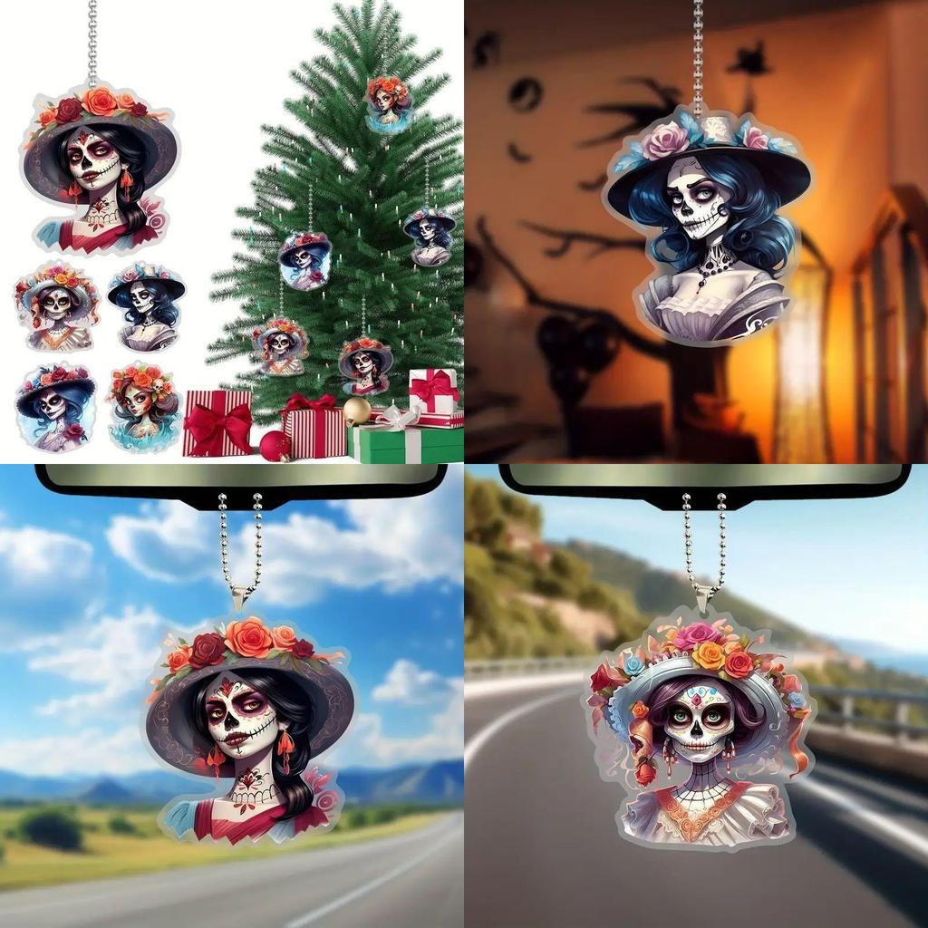 Car Decor Acrylic Halloween Cartoon Skull Flower Hat Design Pendant With Beaded Chain For Auto Interior