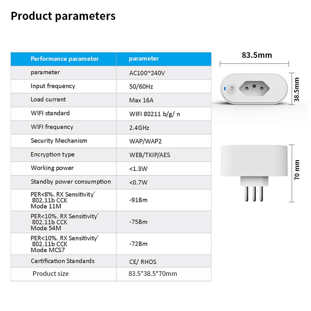 Graffiti Smart WiFi Socket 16A Brazilská zástrčka Živé statistiky měření Mobilní aplikace Časované hlasové dálkové ovládání