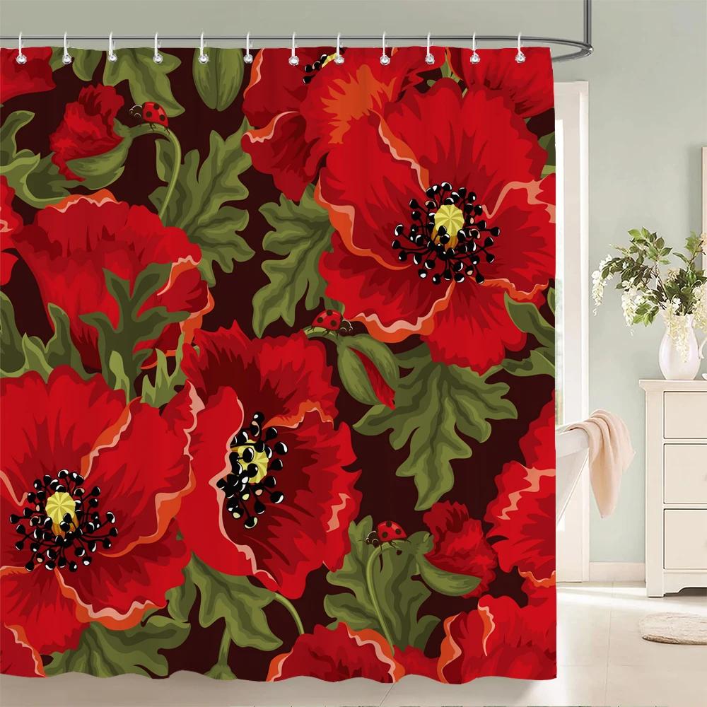 Red Flowers Shower Curtains Waterproof Fabric Floral Bath Curtains For Bathroom Bathtub Large Wide Bathing Cover With Hooks