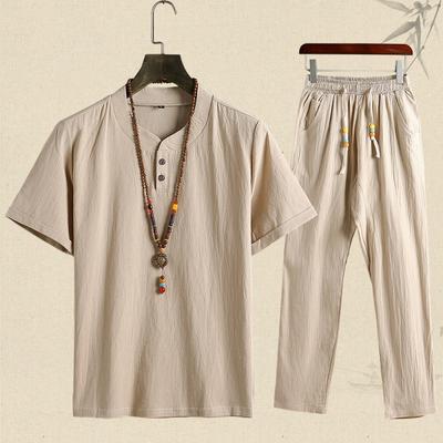 Sommermode Herren Hemden Hosen Set Baumwolle Leinen Hemden Kurzarm Herren Casual Hosen Männer Outfit