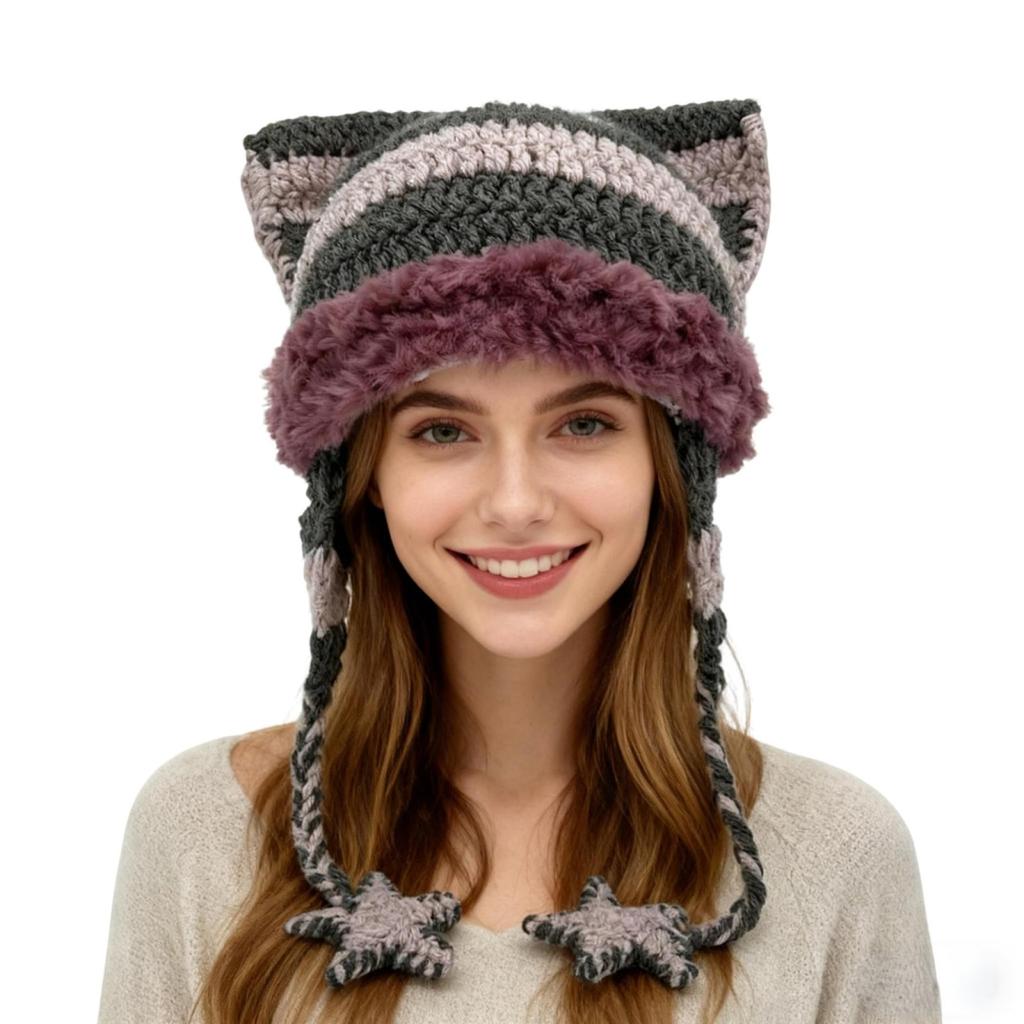 Women's Hand-Knitted Star Striped -Ear Braid Hat With Ear Protectioned, Fashionable And Versatile Cap