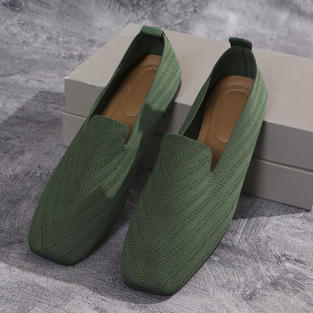 Fashion 2024 Solid Color Square Toe Mesh Loafers Shallow Women Flats Shoes Soft Bottom Knit Ballet Flats Shoes Casual Slip On Shoes