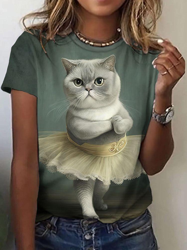 Summer Cute Cat Dances Ballet T-Shirts 3D Print Women Men Short Sleeve Round Neck T Shirt Tees Harajuku Y2K Tops Unisex Clothing