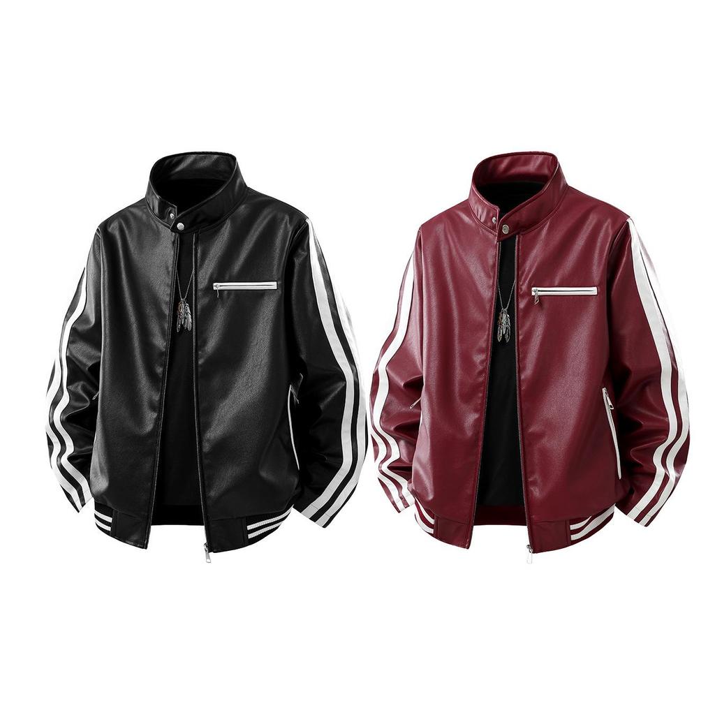 Herren Trendy Lederjacke mit Stehkragen - Lockere Passform, Lässig, Modisch, Bequemes Gewebe mit Schlichtem Linienmuster.