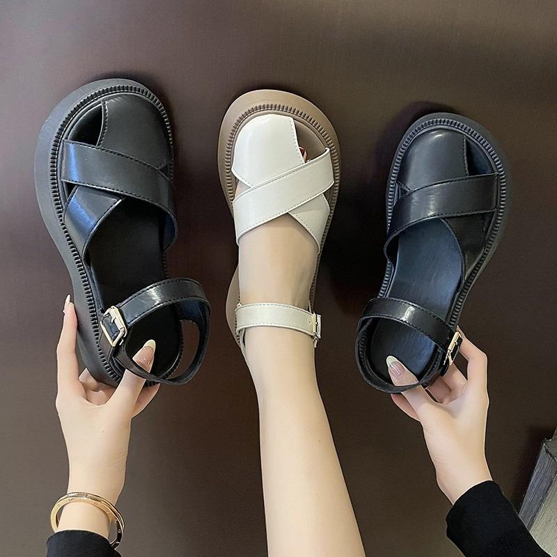 Muffin thick-soled bag head sandals women's summer new retro hollow one-word sandals with buckle