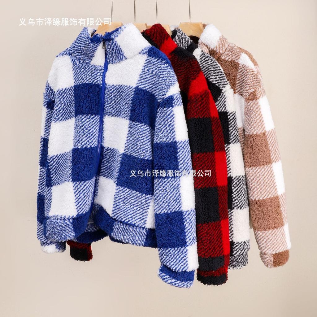 Checked Top Women's Long-sleeved Pullover Plaid Print Crew Neck Double-sided Plush Regular Plush Sweater