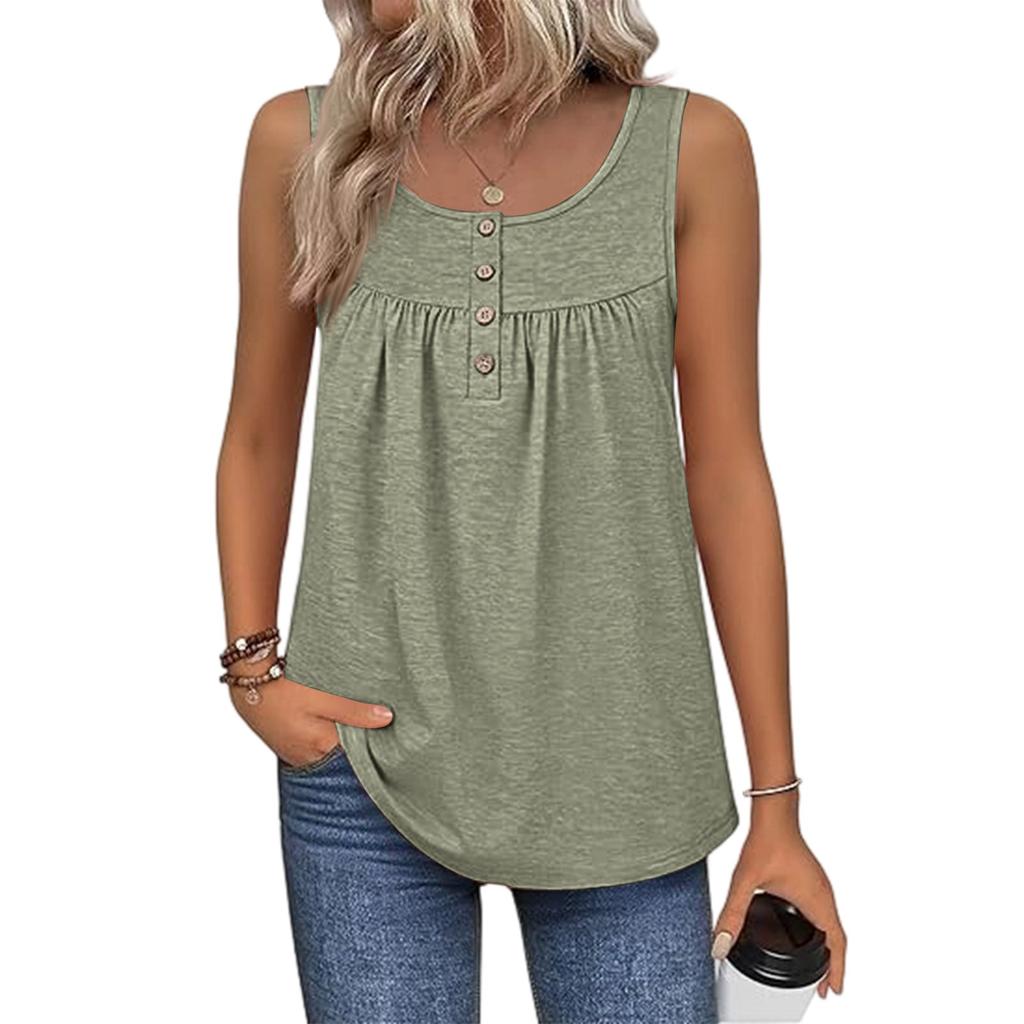 Women's Fashionable Plain Color, Round Neck, Button-Decorated Sleeveless Vest Top, Suitable For Both Inner And Outer Wear.