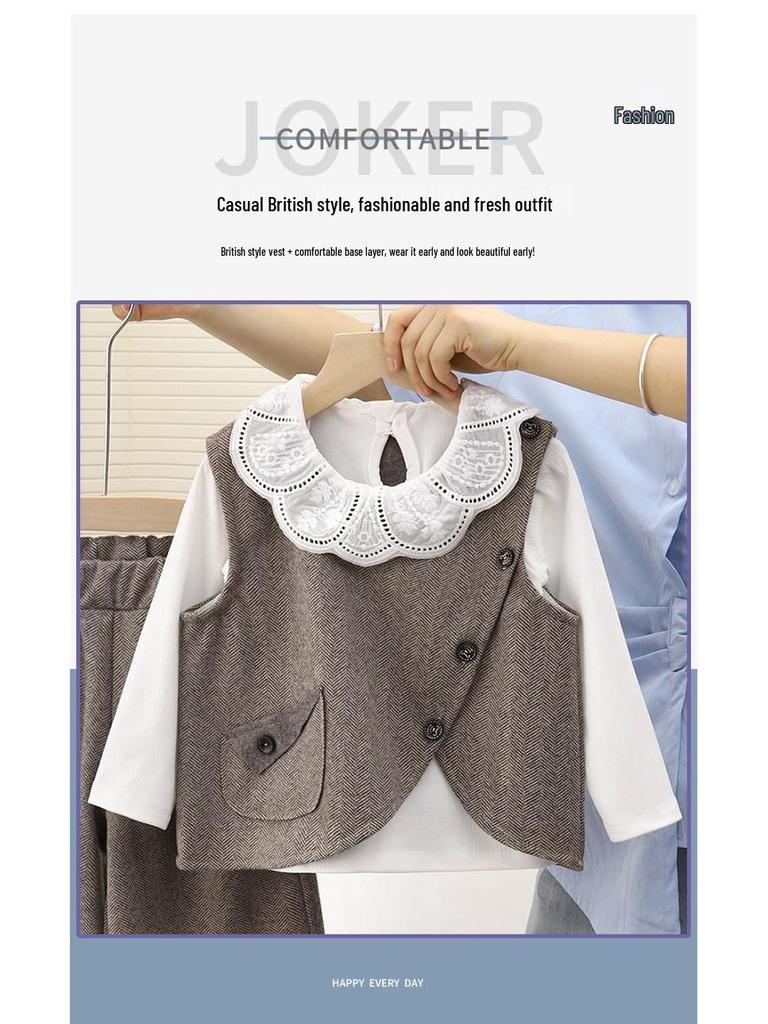 Girl's Korean Chic Tweed Vest Three-Piece Set for Spring/Autumn 2026