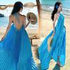 Belle Robe Bleue à Col Halter pour Vacances au Bord de la Mer, Robe Plissée Piano Irrégulière pour le Voyage
