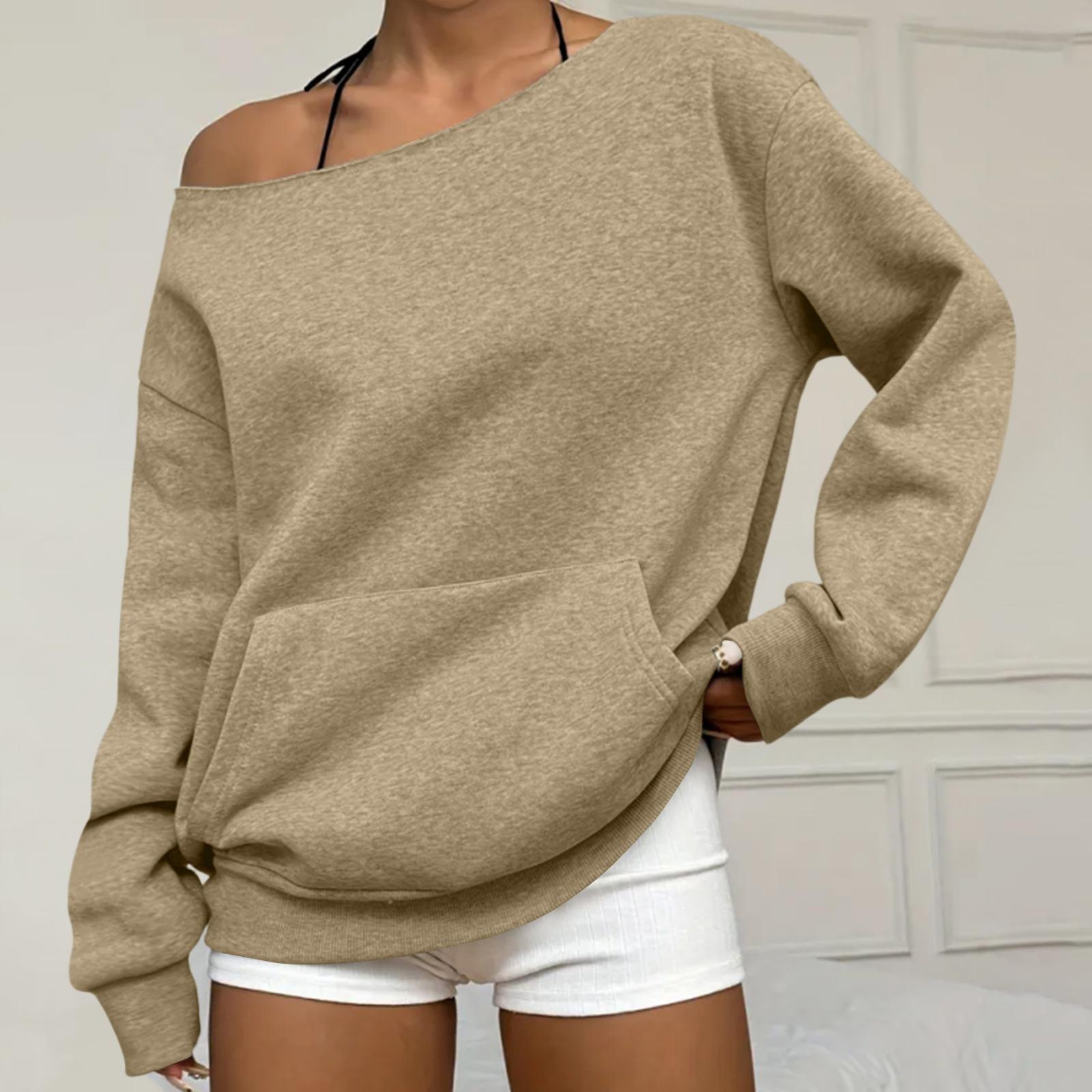 

Women s Casual Fashion Solid Color Off-shoulder Long-sleeved Loose Sweatshirt With Pockets M верблюд