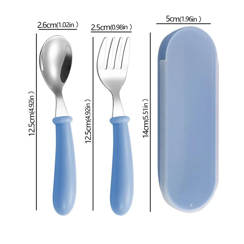 

2 шт. Дитячі ложки-виделки з коробкою, з нержавіючої сталі, столові прибори, дитячий набір посуду для годування, дитячі столові прибори синій