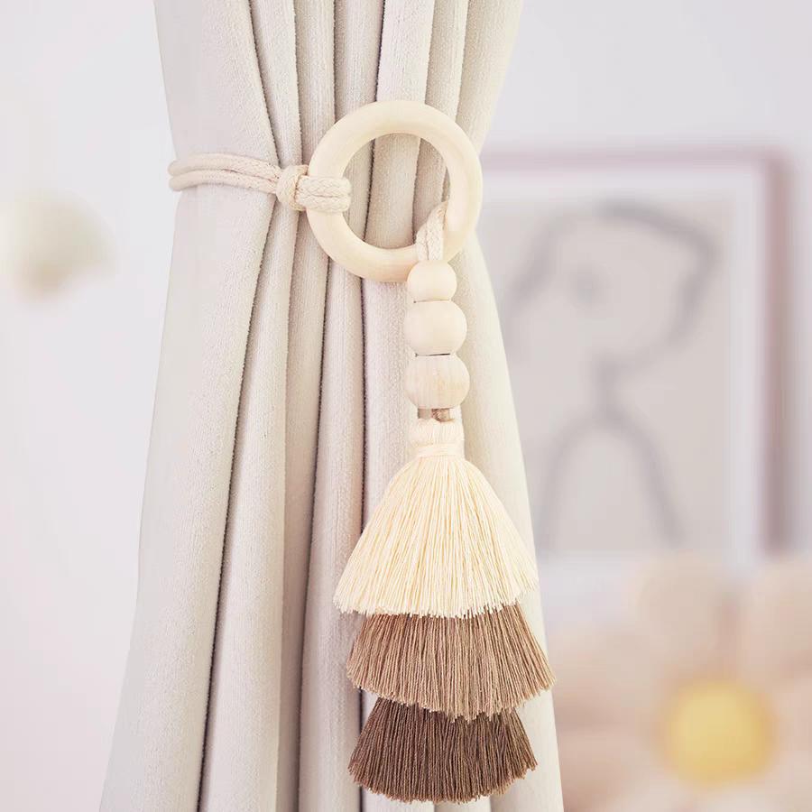 

1Pc Tassel Curtain Tie Backs Wooden Bead Curtain Tiebacks Bohemian Curtain Clasp Curtain Tiebacks No Hole Punching Decorative бежевый