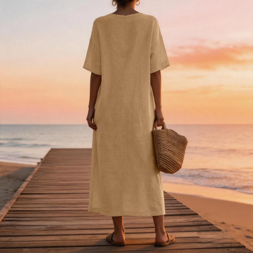 Women Loose Fit Straight Cut Casual Midi Dress Round Neck Short Sleeve Drop Shoulder Pockets