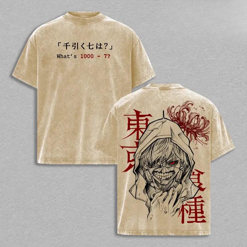 Kaneki Ken Print Tee Anime Tokyo Ghoul Clothing Men Women Retro Washed T-shirts Short Sleeve Tshirt Harajuku Male Cotton T Shirt