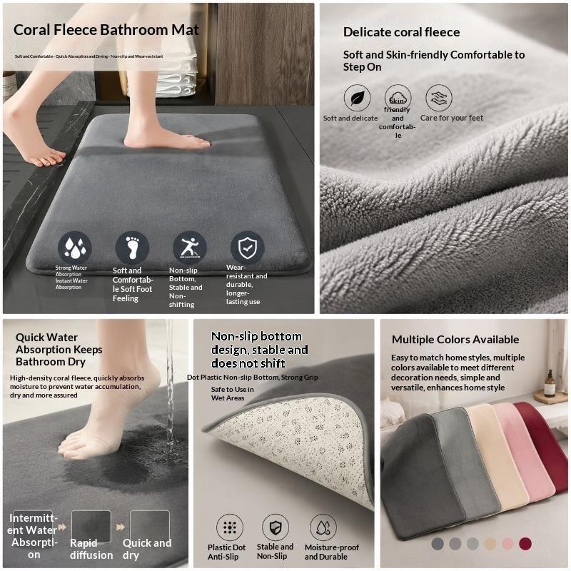 Super Absorbent Floor Mat Coral Velvet Bathroom Mat Anti Slip Door Mat Bathtub Beside Carpet Laundry Room Home Decoration