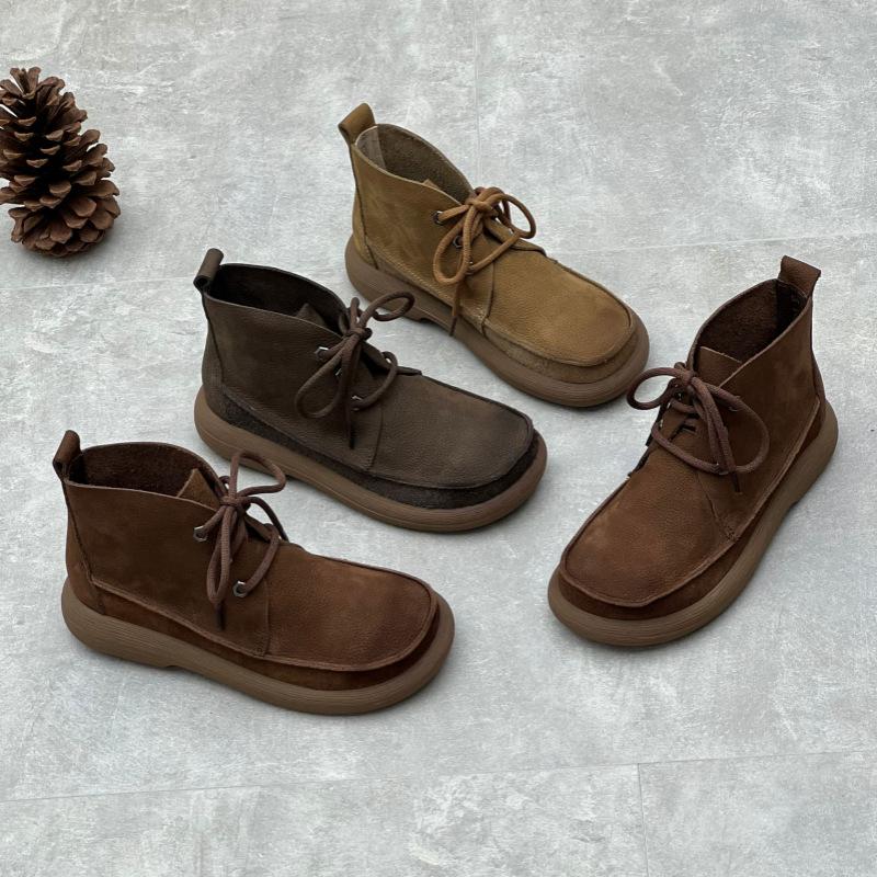 Johnature Retro El Yapımı Kadın Kısa Çizmeler Hakiki Deri Ayakkabı Yuvarlak Ayak Düz Renk Bağcıklı Çizmeler