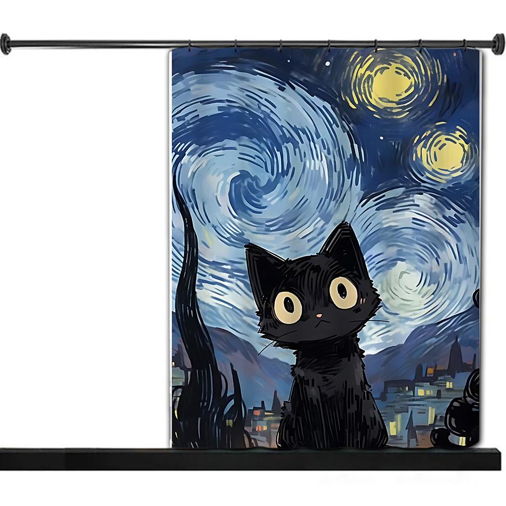 Shower Starry Sky Cat Curtain Waterproof Polyester Fabric Paint Colorful Bath Curtains Home Bathroom Decor Curtain With Hook