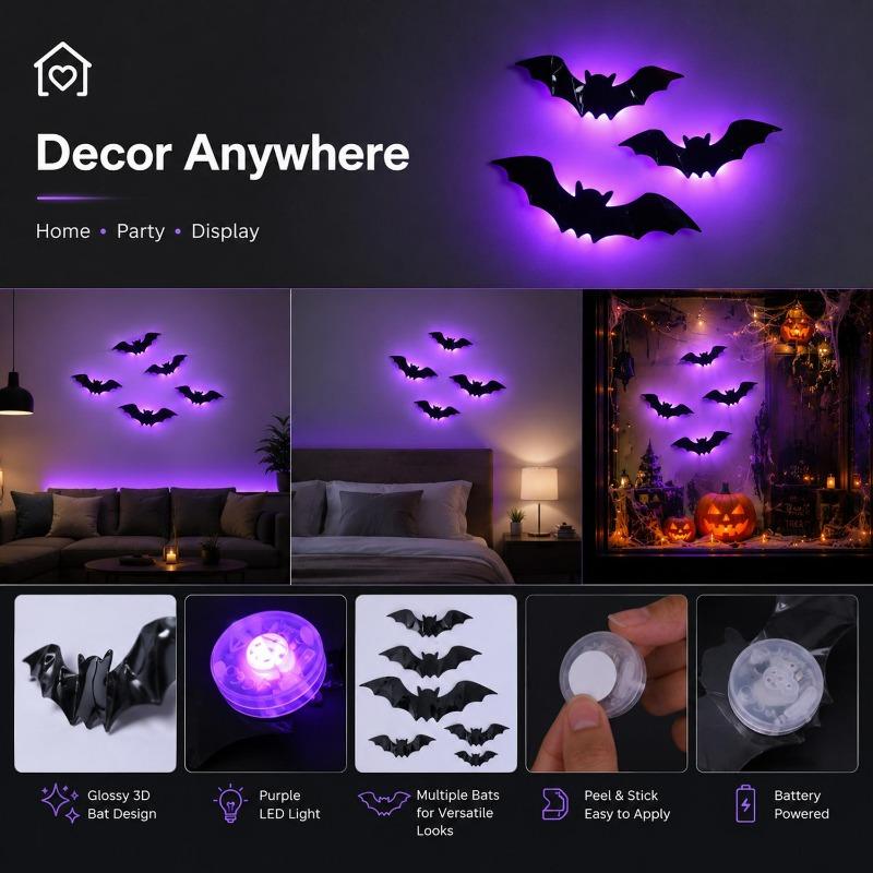 Glow in The Dark 3D Bat Wall Stickers Removable PVC Halloween Decor with 3 Sizes Easy Peel Stick for Windows Home Party Supply 5