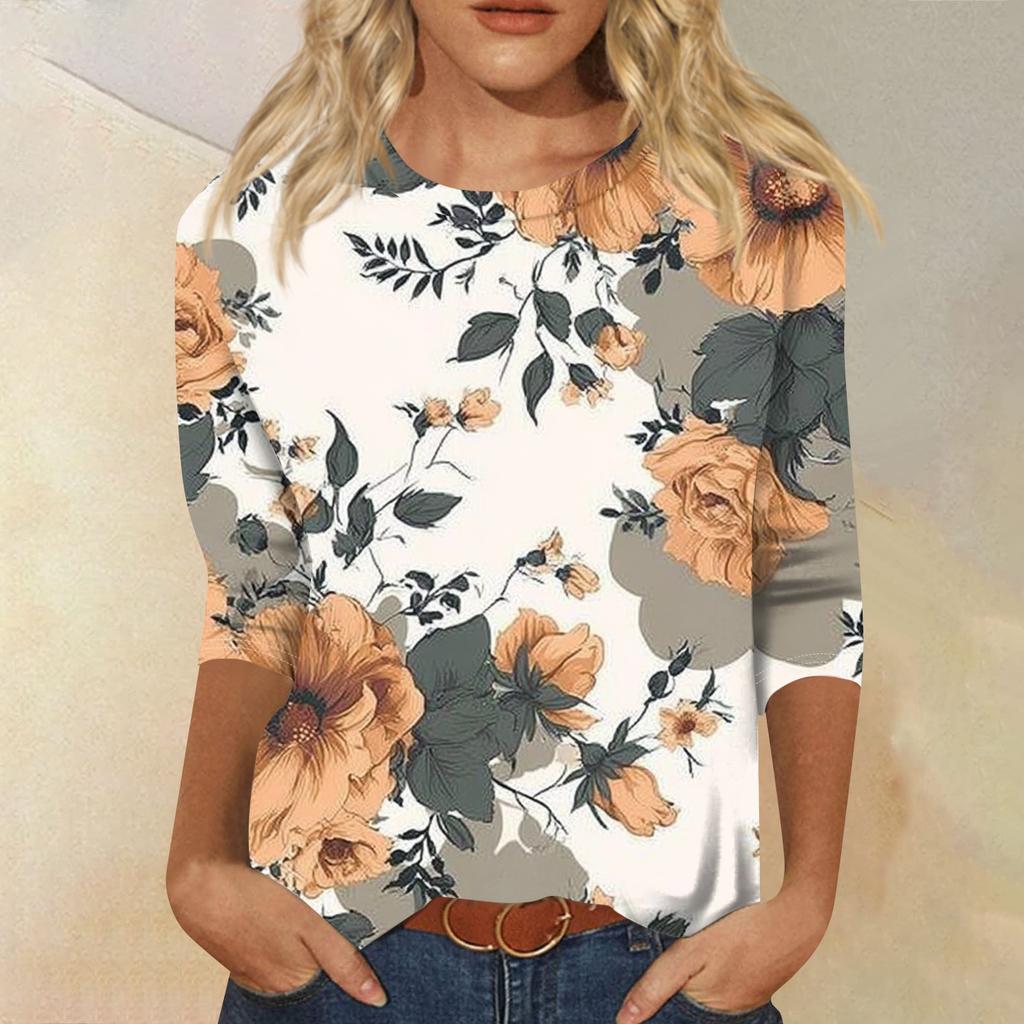 Women's Fashion Casual Round Neck Three Quarter Sleeve Printed T-Shirt Top