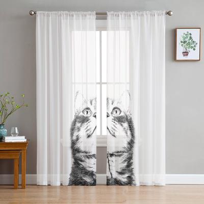 Illustration Chat Noir et Blanc Rideaux Voilages pour Salon Rideau Voile Moderne Chambre à Coucher Rideaux Tulle Décoration de Fenêtre