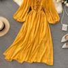 Chic Gentle Wind Dress Autumn Women's French Vintage Square Neck Magenta Bubble Sleeve Dress