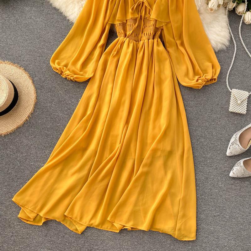 Chic Gentle Wind Dress Autumn Women's French Vintage Square Neck Magenta Bubble Sleeve Dress